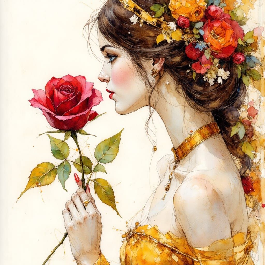 Belle with Rose: Detailed Pen and Ink Masterpiece