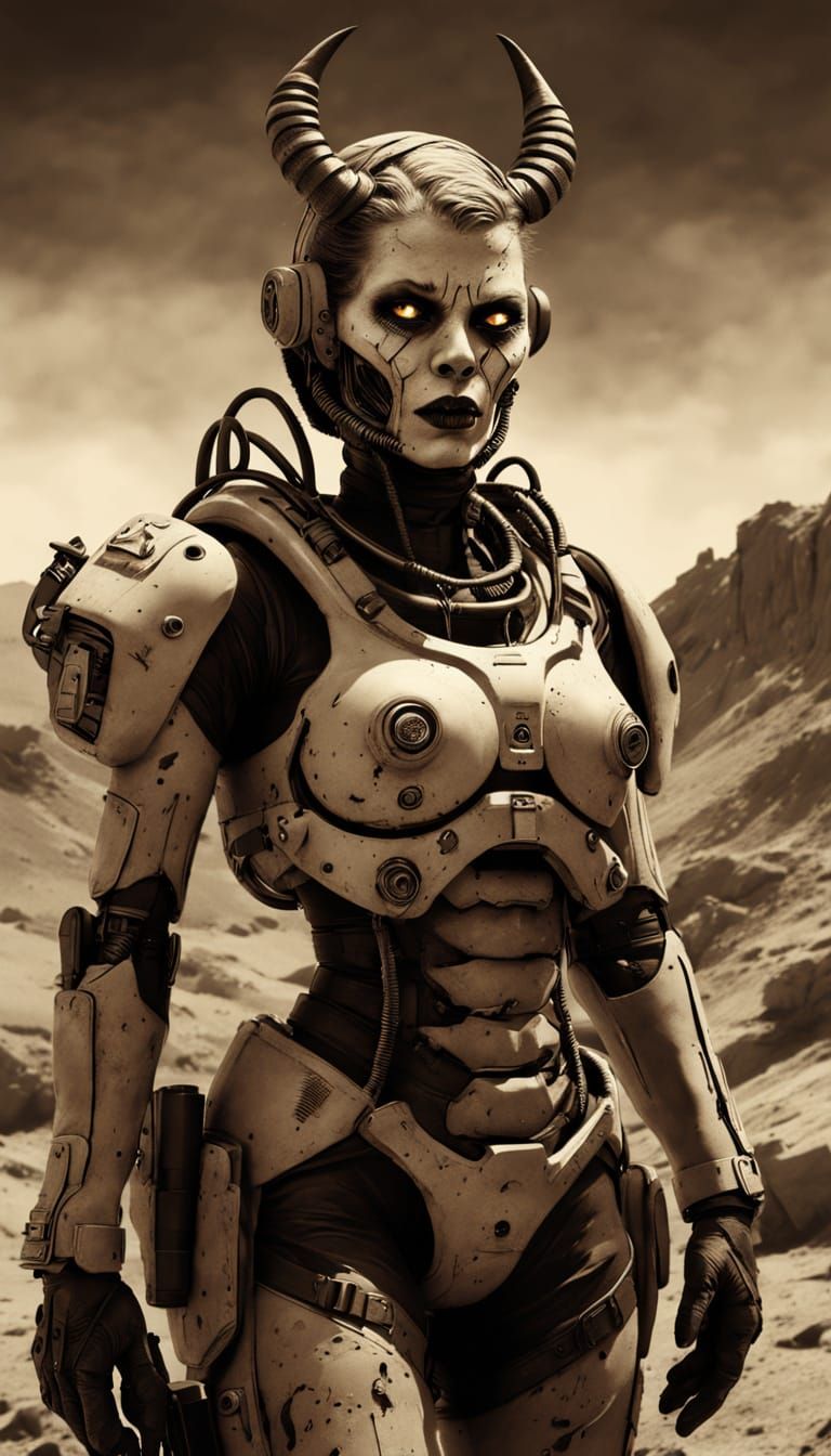 Demonic Queen in Atomic Ruins, Dark Fantasy Horror Illustrat...