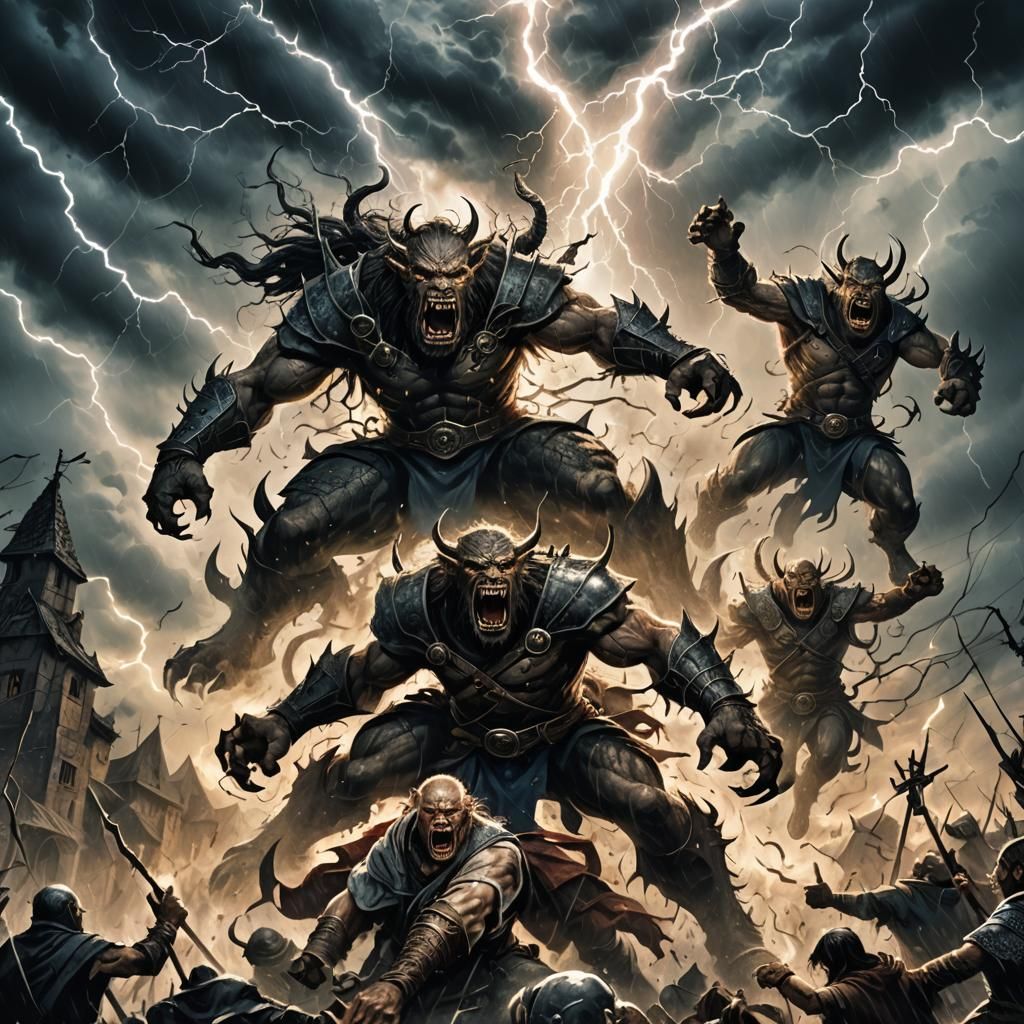 Six-Armed Beast Dominates Lightning Sky, High-Fantasy Art