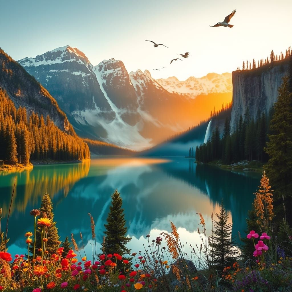 Ethereal Mountain Paradise at Golden Hour