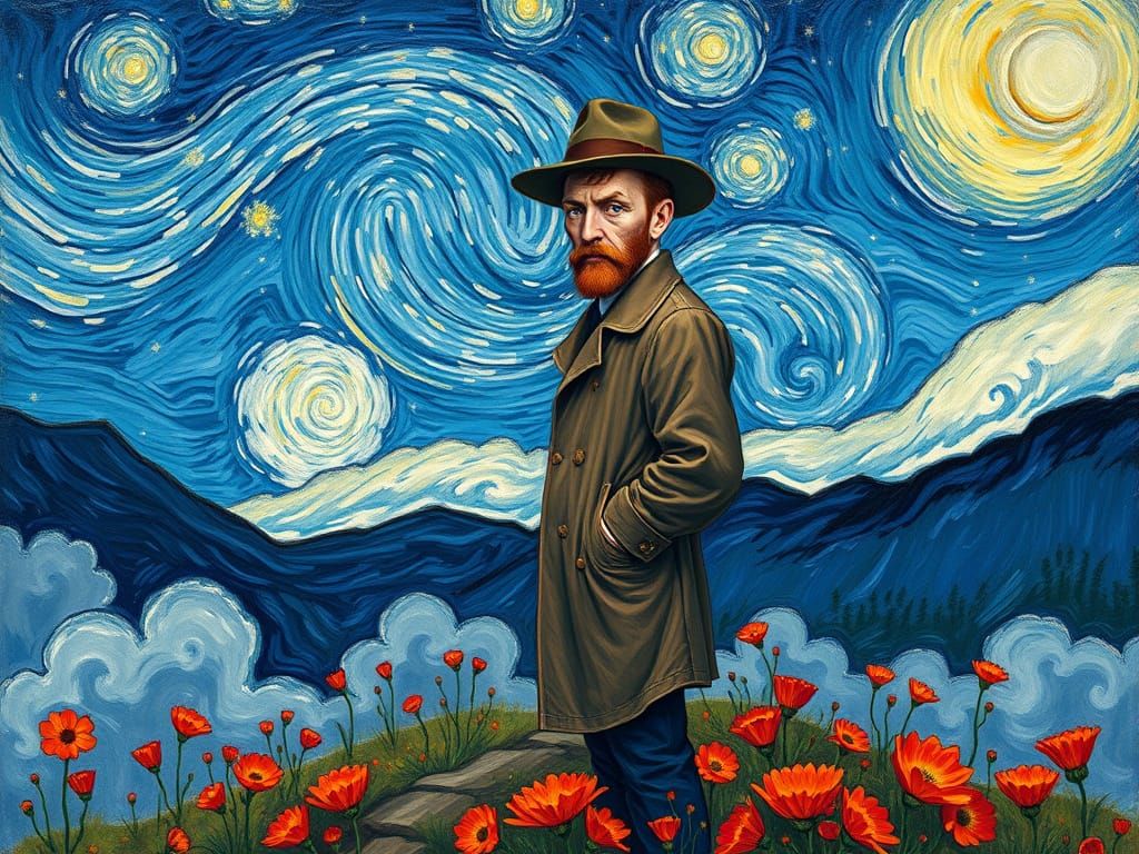 Impressionistic Figure Amidst Swirling Starry Night