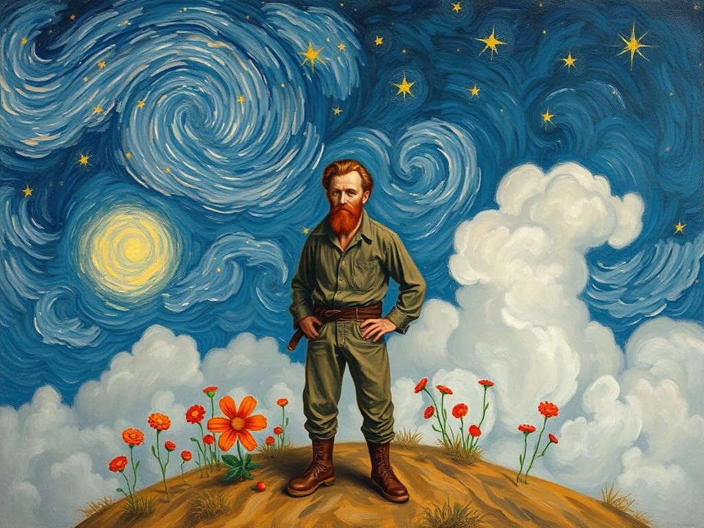 Lonely Figure Under Starry Sky: Impressionistic Style