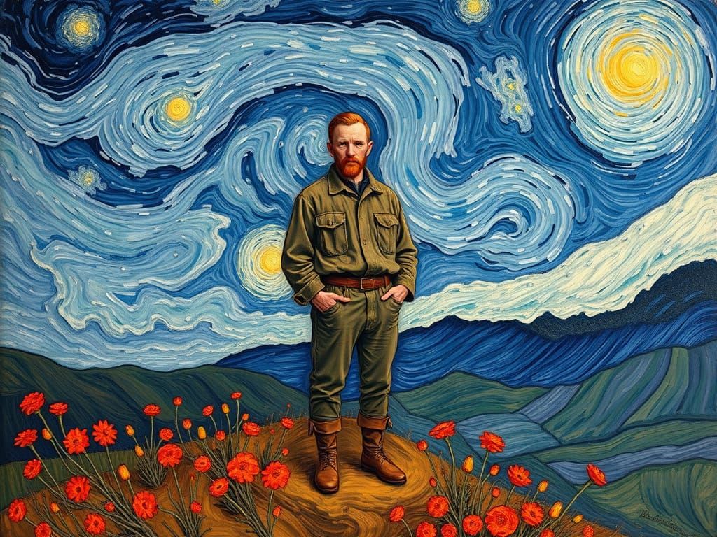 Windswept Figure in Expressionist Starry Night