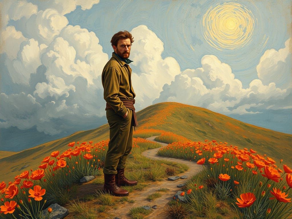 Windswept Figure in Impressionist Landscape