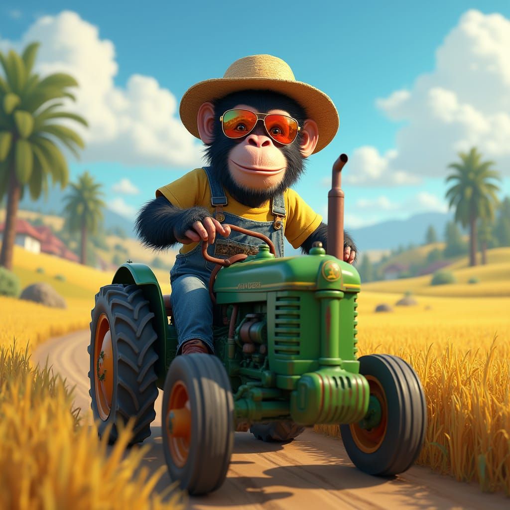 Chimpanzee Farmer in Vintage Bib Overalls Rides John Deere T...