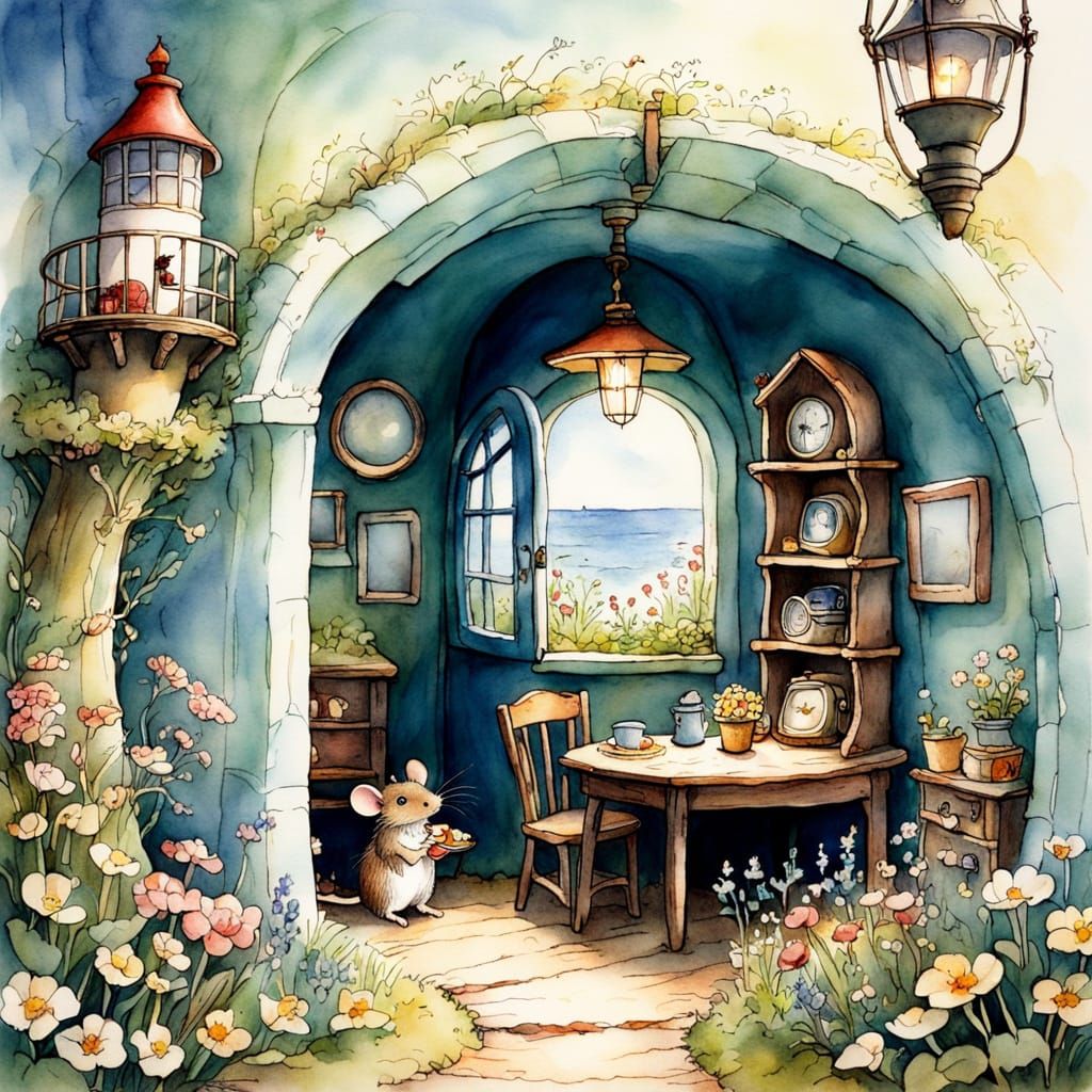 Brambly Hedge Style Watercolour Lighthouse Scene