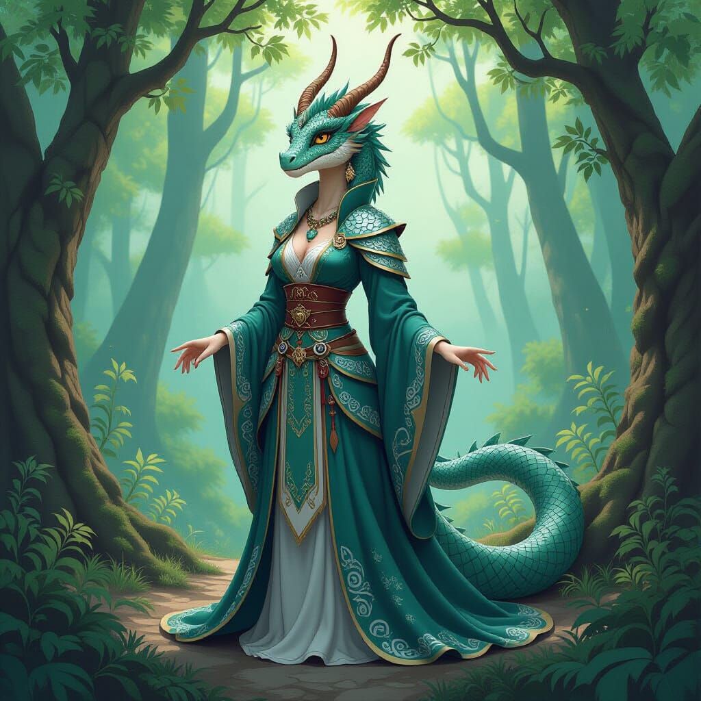 Dragon Wife in Mystical Forest, Fantasy Illustration