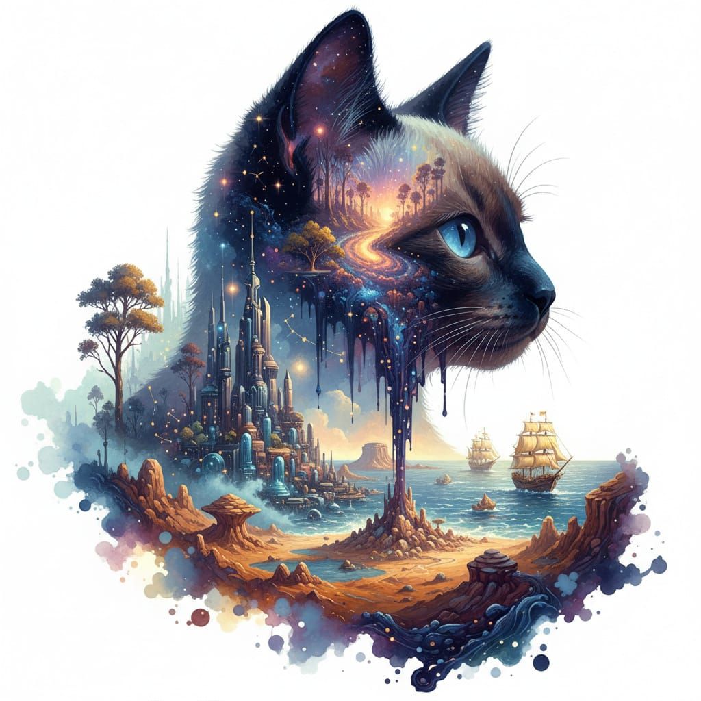 Siamese Cat Galaxy Double Exposure Digital Art