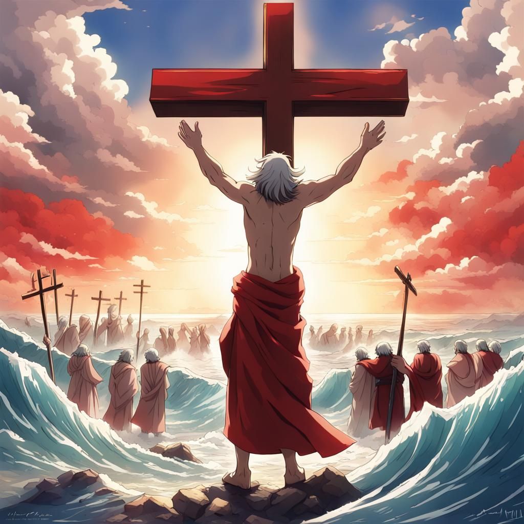Anime Moses Parts Red Sea with Cross