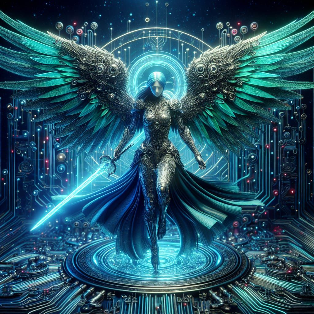 Cybernetic Angel with Electric Sword in 8K