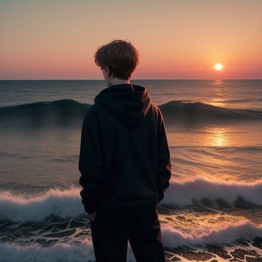 Teenage Boy Contemplates Ocean Sunset Cinematic Film Still