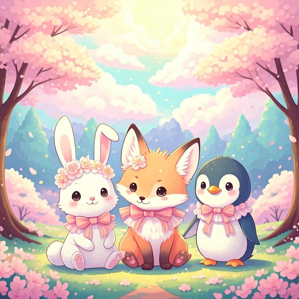 Pastel Kawaii Animals in Whimsical Forest Illustration