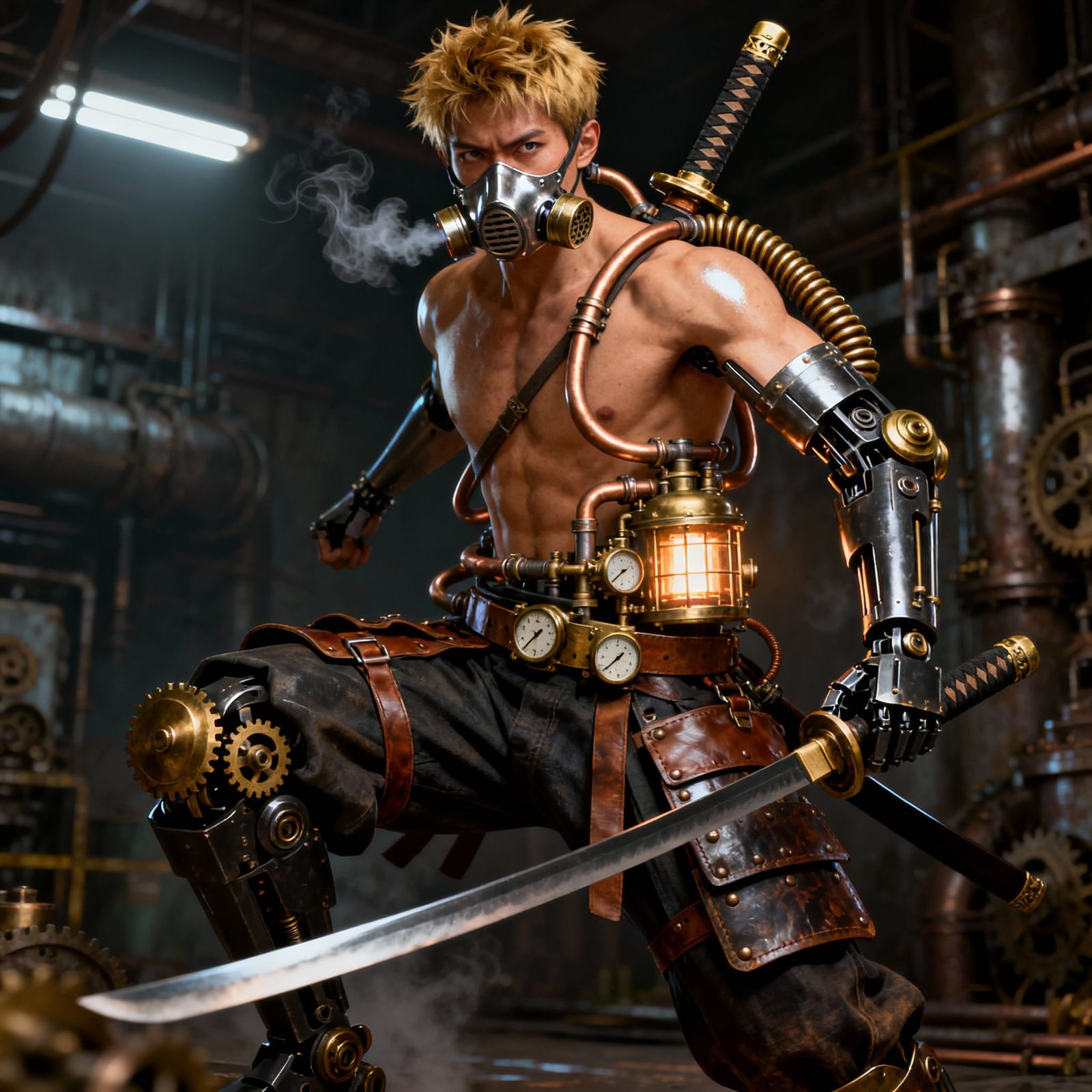 Steampunk Samurai with Mechanical Enhancements in 3D Style