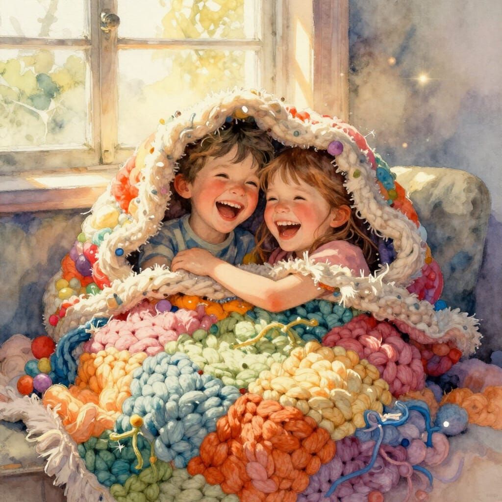 Children Hugging in Cozy Knitted Blanket Watercolor