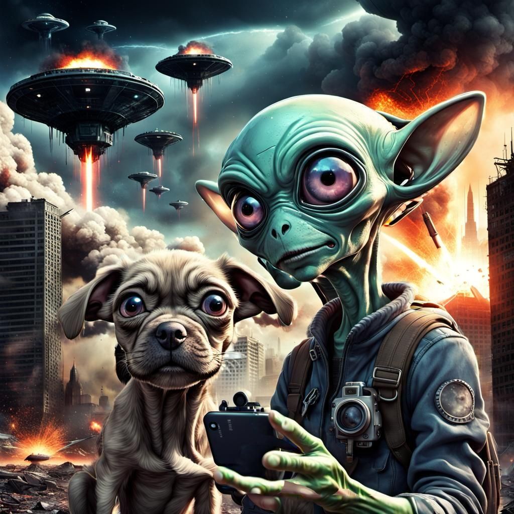 Comical Alien Selfie with Puppy, Anime Style