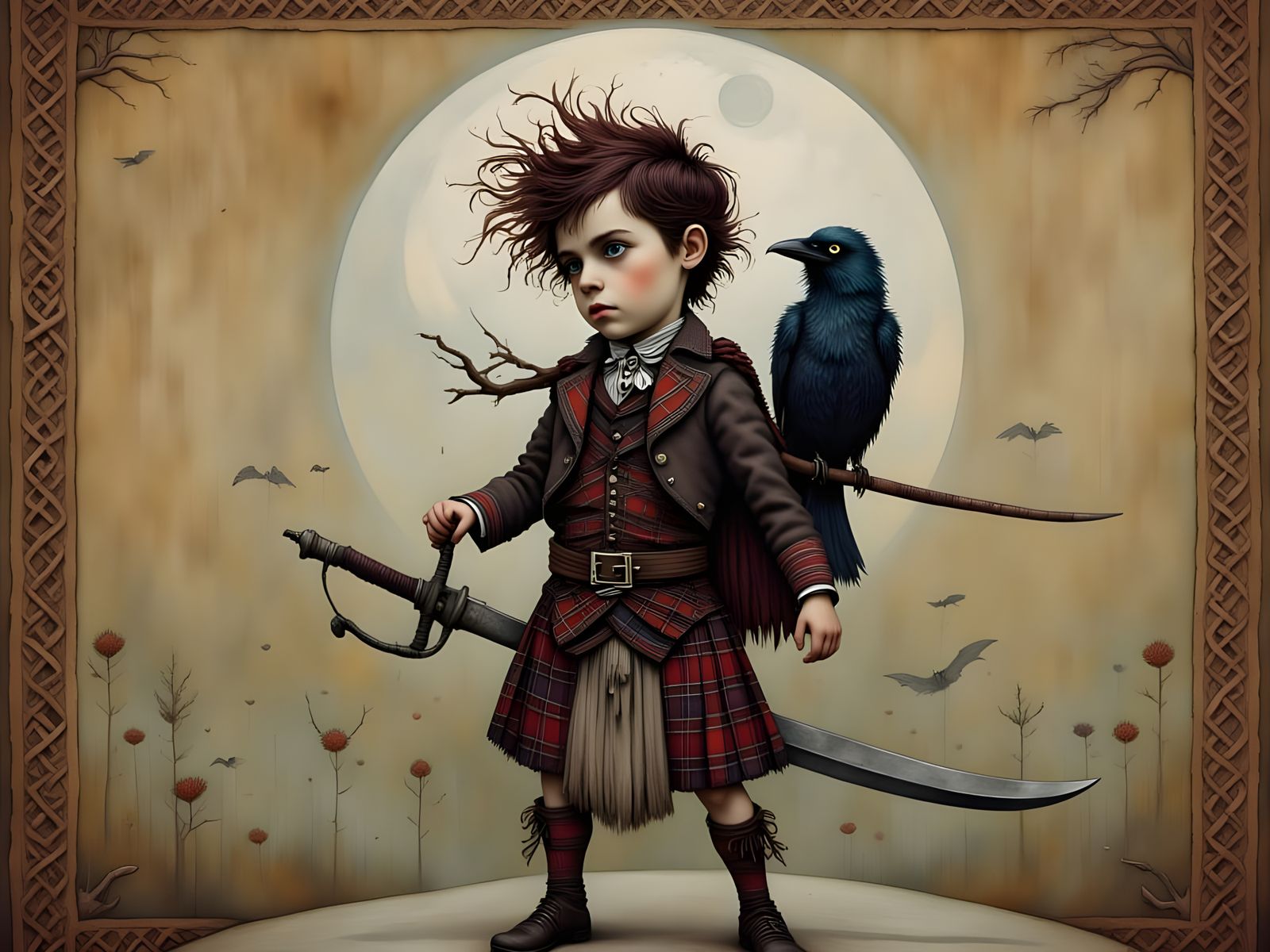 Mystical Scottish Highlander Boy in Dark Whimsy Style