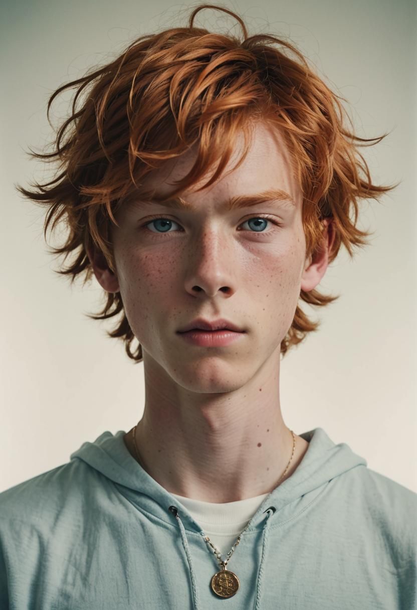 Cinematic Mugshot of Handsome Japanese Boy with Blue Eyes