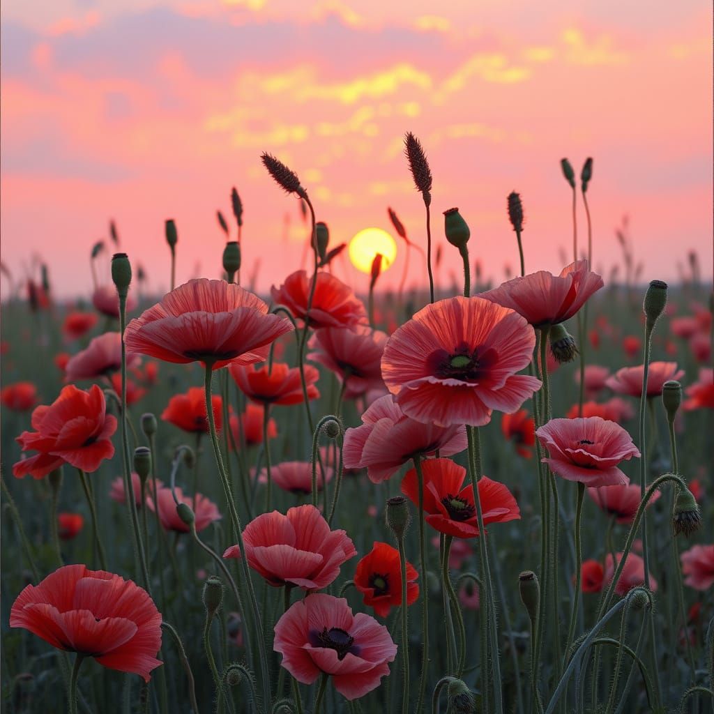 Poppies in Pink Evening Light: Botanical Illustration