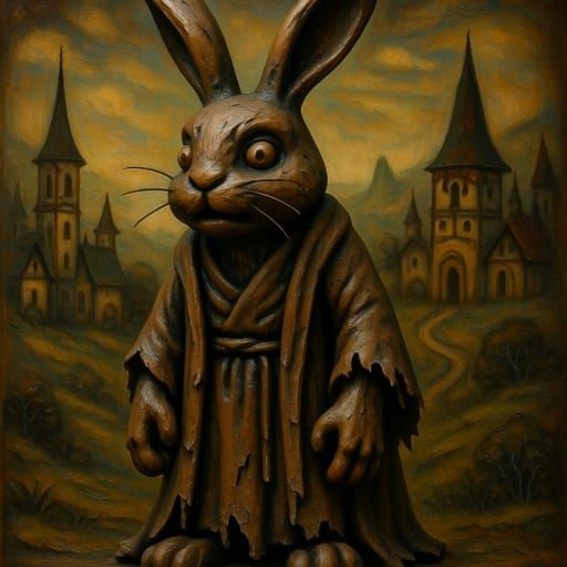 Monster Rabbit in Mystical Landscape, Claymation Style