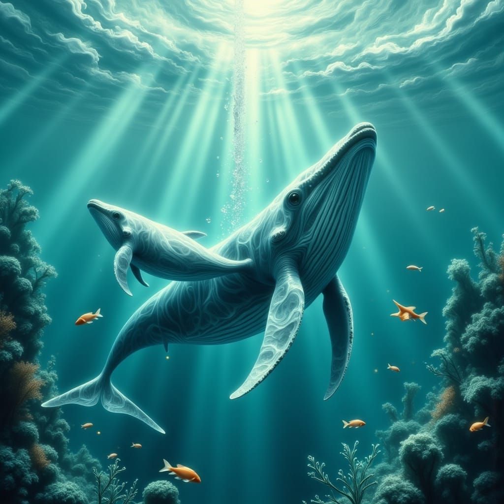 Majestic Whale and Baby Swim in Vibrant Ocean Scene