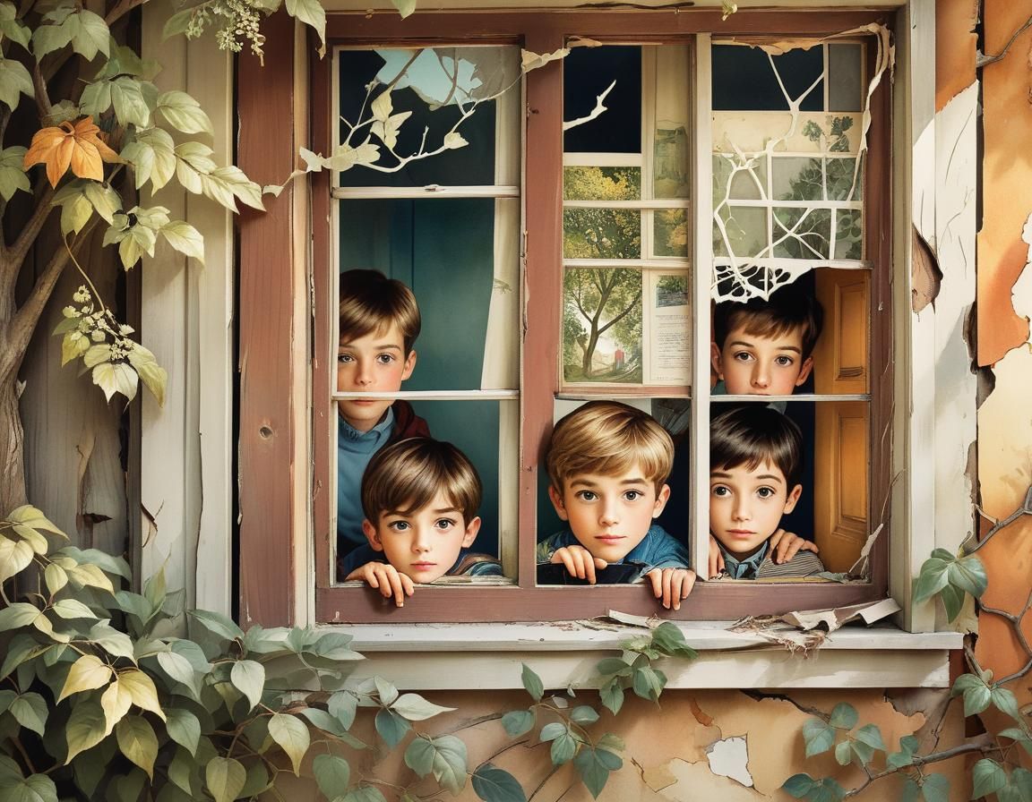 Boys Hide After Breaking Window: Watercolor Illustration