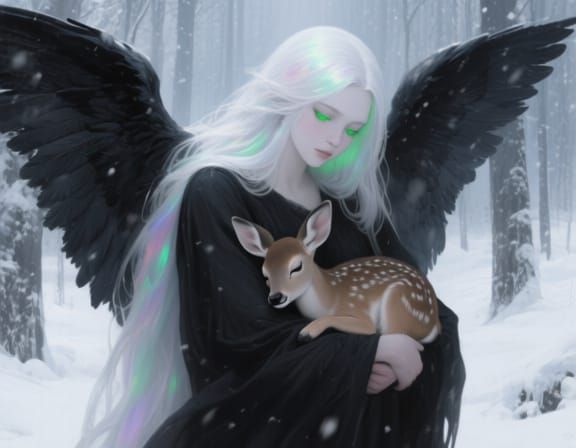 Angel Protecting a Fawn in Snowy Forest