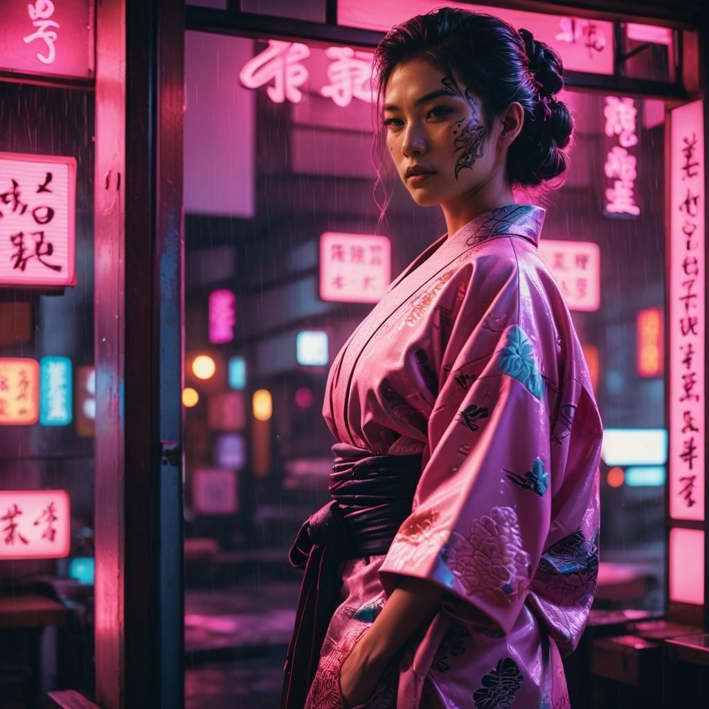 Young Lady Yakuza Portrait in Synthwave Neon Style