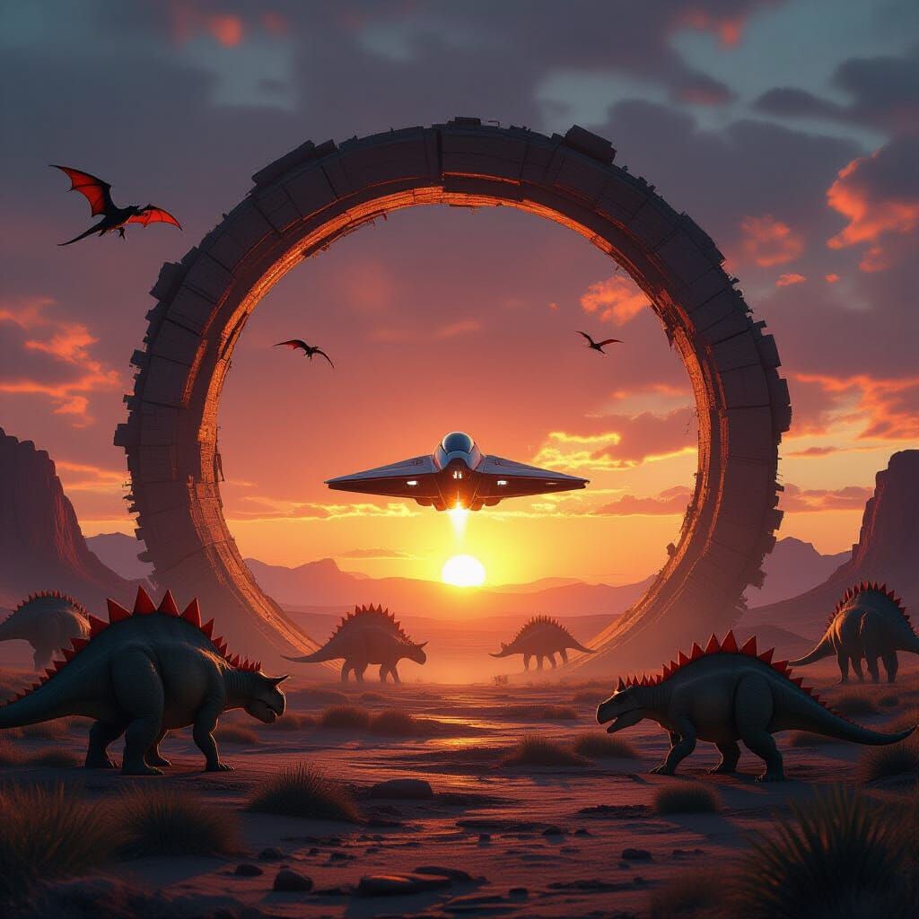 Spaceship Time Portal to Prehistoric Sunset