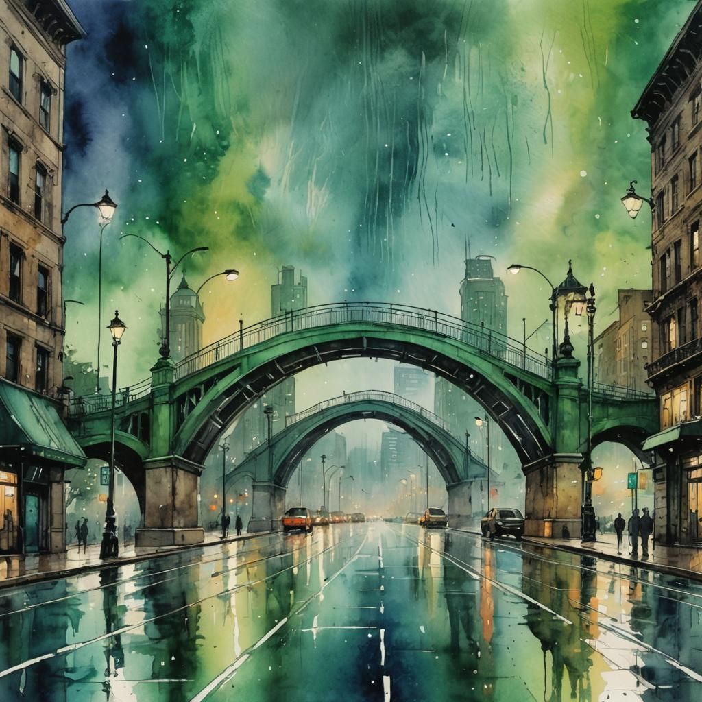 Rainbow Bridge Over City Street in Watercolor