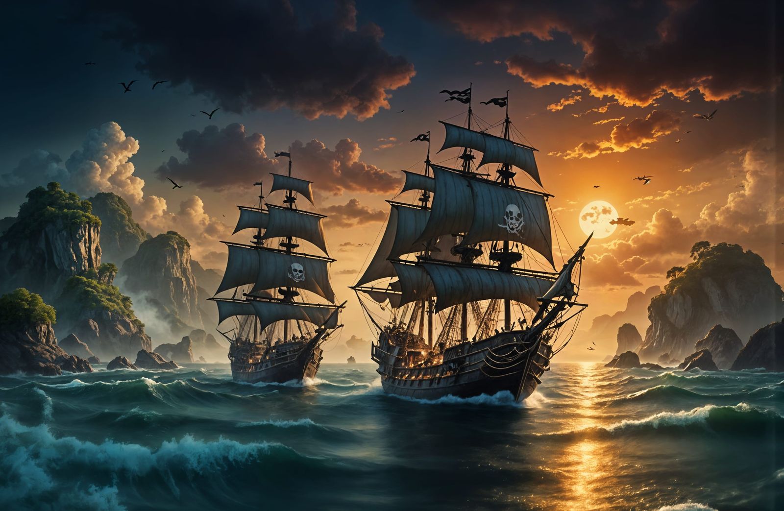 Pirate ships make their way across the ocean at sunset
