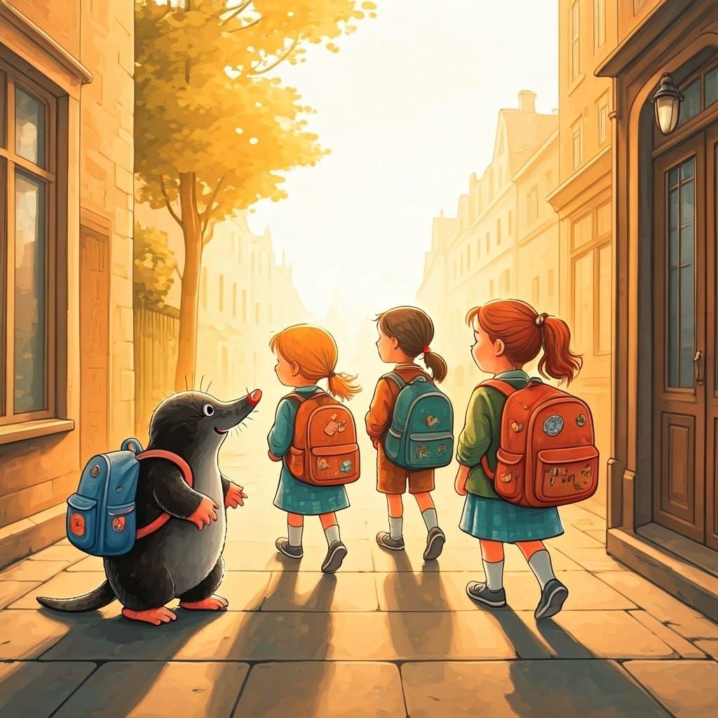 Mole Escorts Children to School in Storybook Illustration