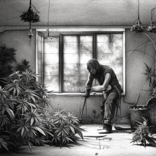 Farmer in Cannabis Field, Pencil Sketch Style