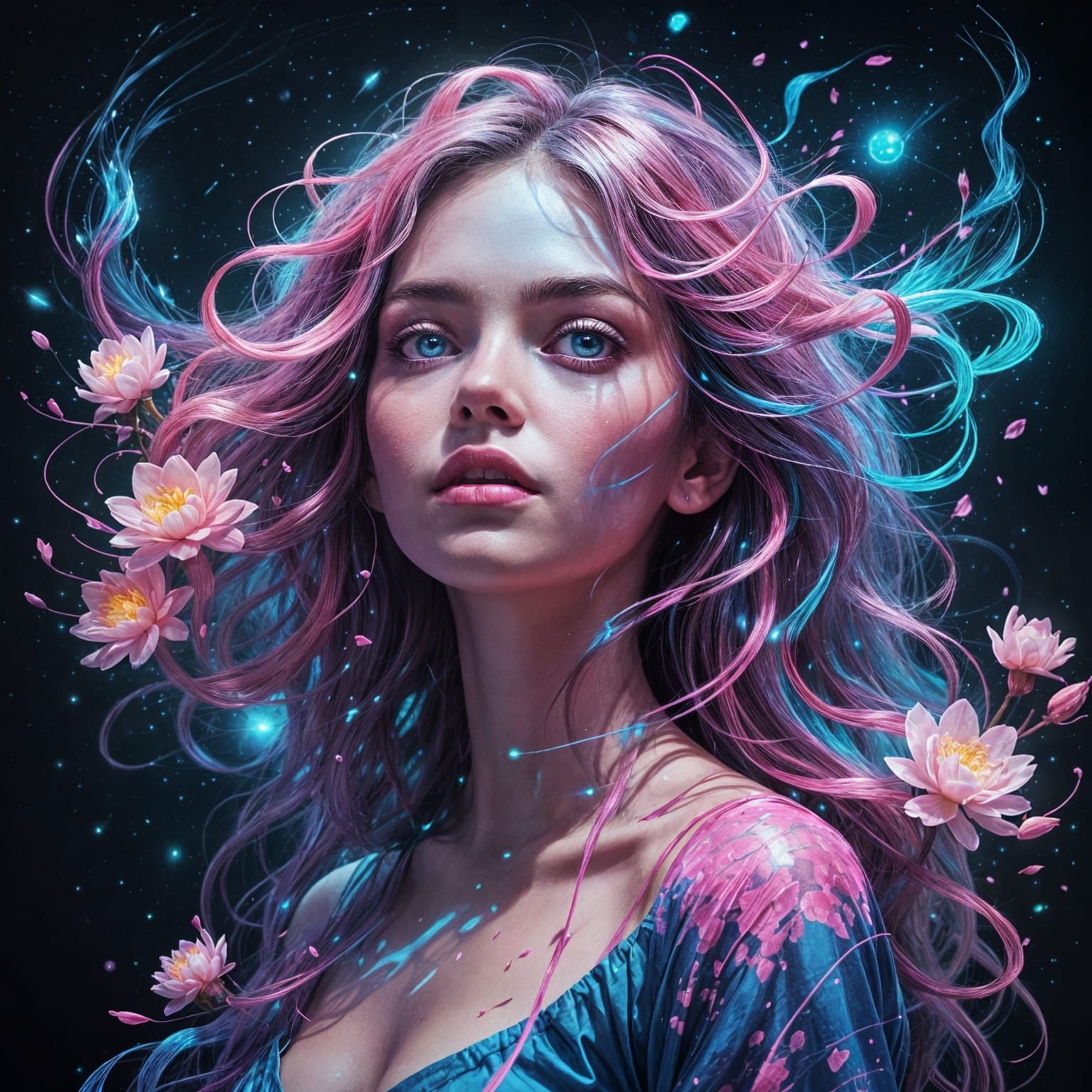 Surreal Woman Emerging from Glowing Blossoms