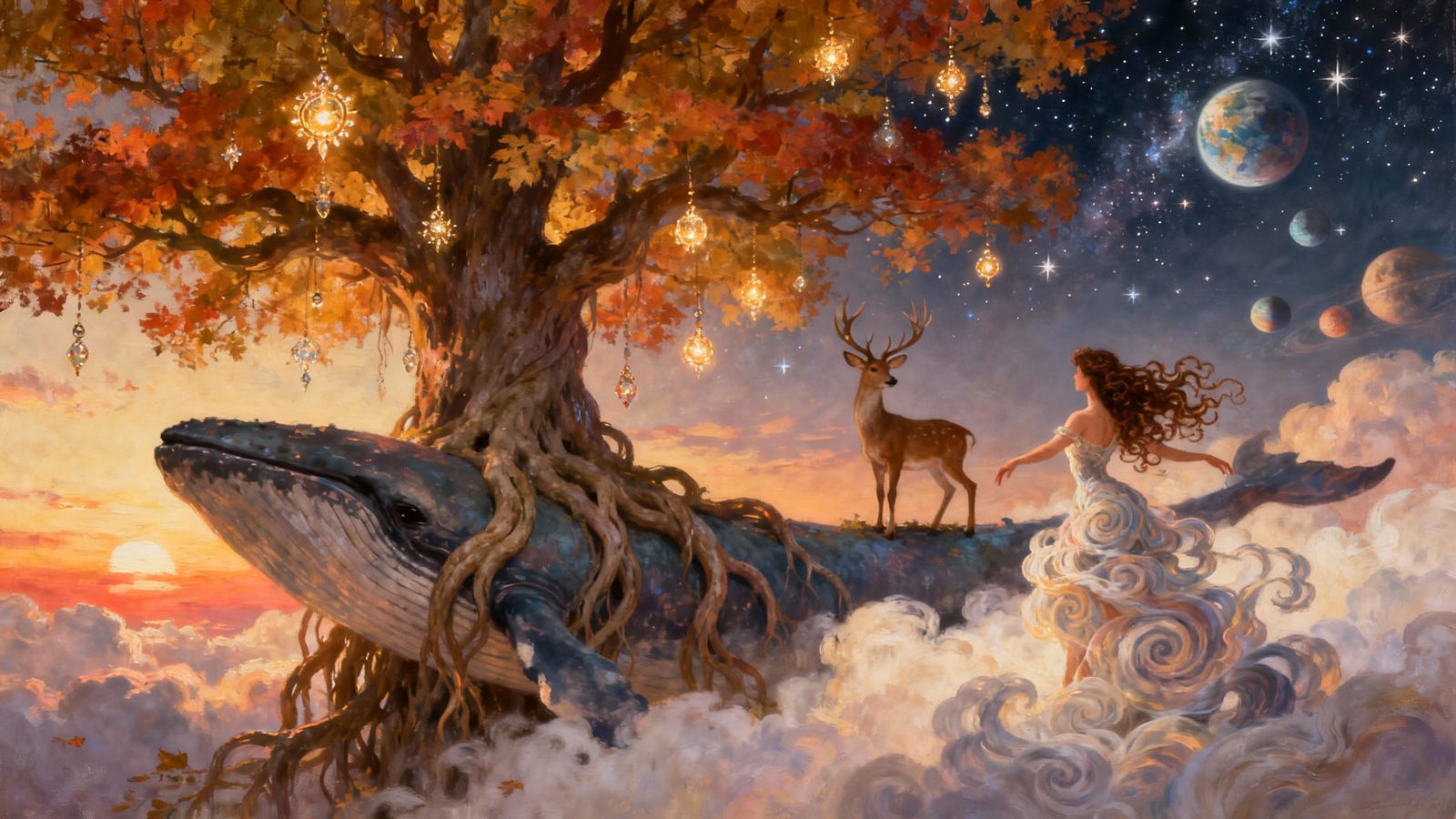Ancient Autumn Tree & Dancer on Whale in Clouds