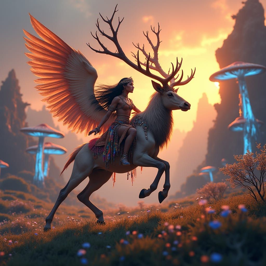 Indigenous Goddess Rides Glowing Elk Through Ethereal Valley...