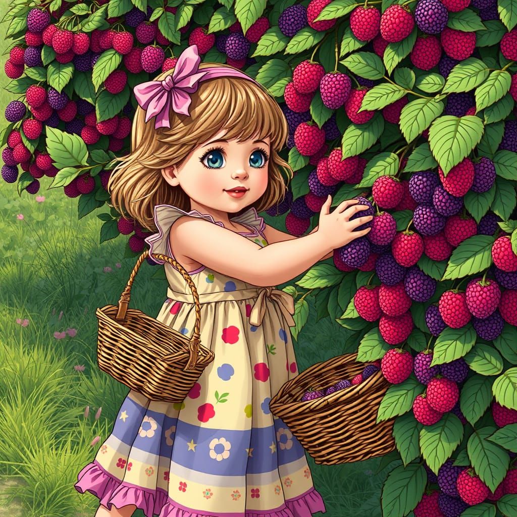 Girl Picking Mulberries in Comic Book Style