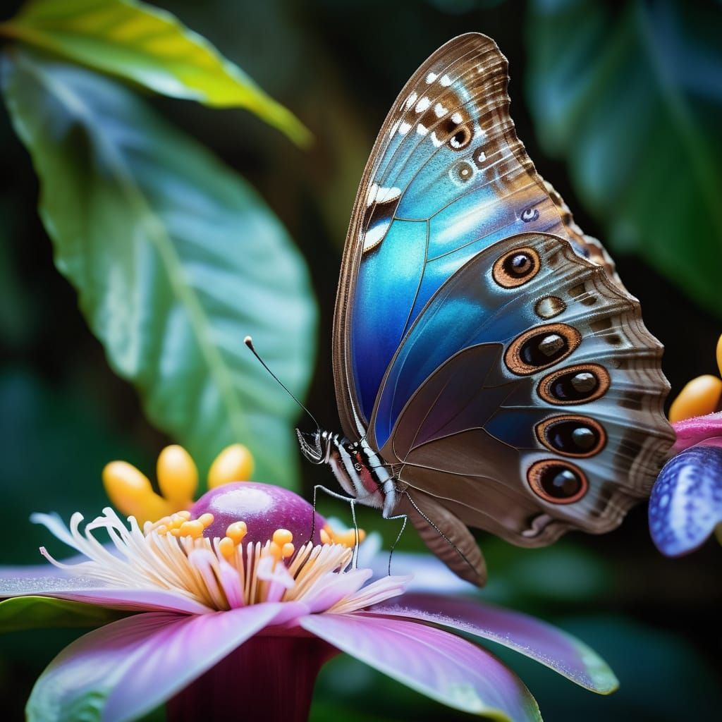 Majestic Iridescent Butterfly on Passion Fruit