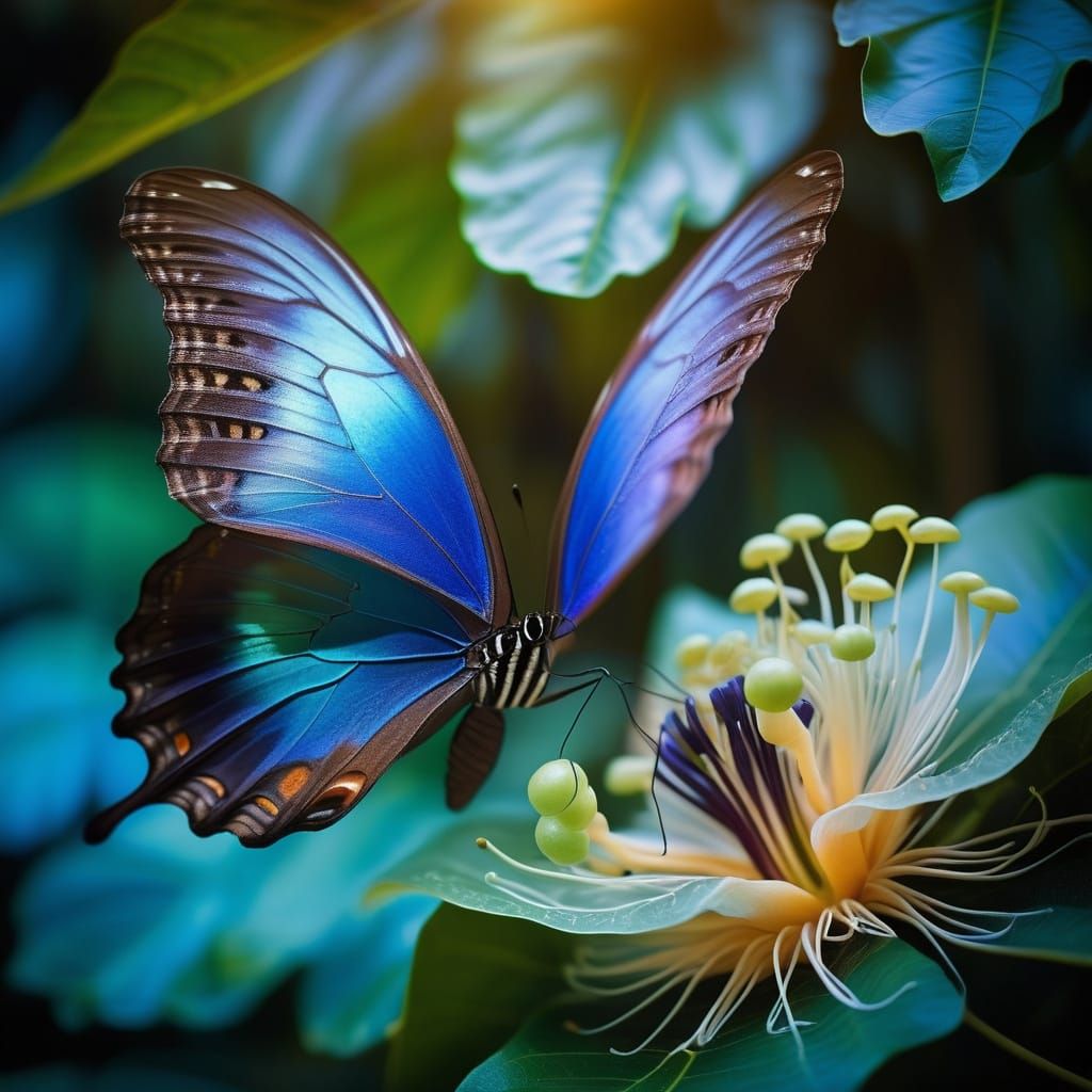 Majestic Morpho Butterfly on Passion Fruit Bloom