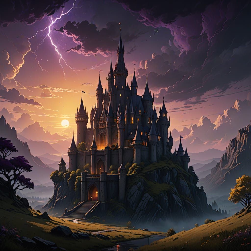 Ethereal Dark Fantasy Castle Illuminated by Divine Light