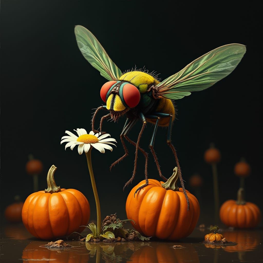 Scary Green Fly on Daisy with Pumpkins in Fall Pop-Surrealis...