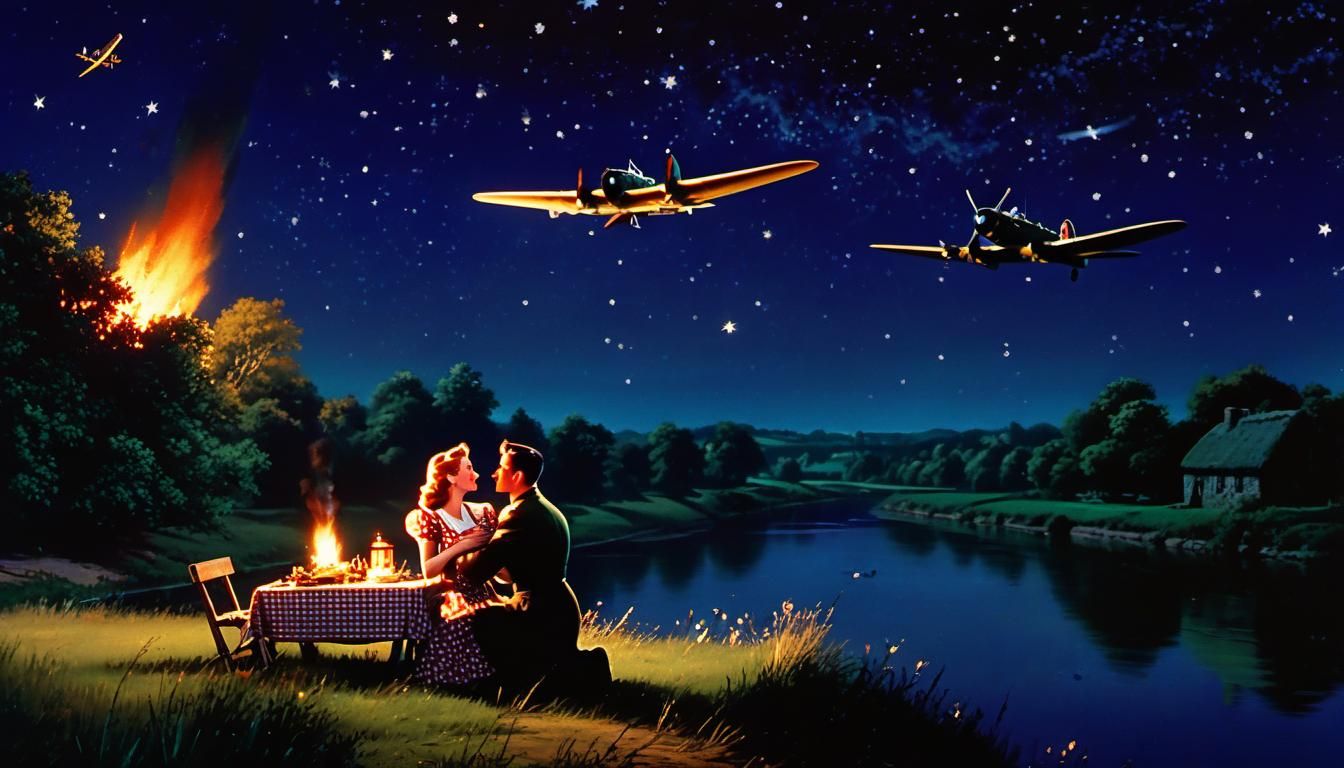 Romantic Picnic Interrupted by WWII Bombing in Disney Style