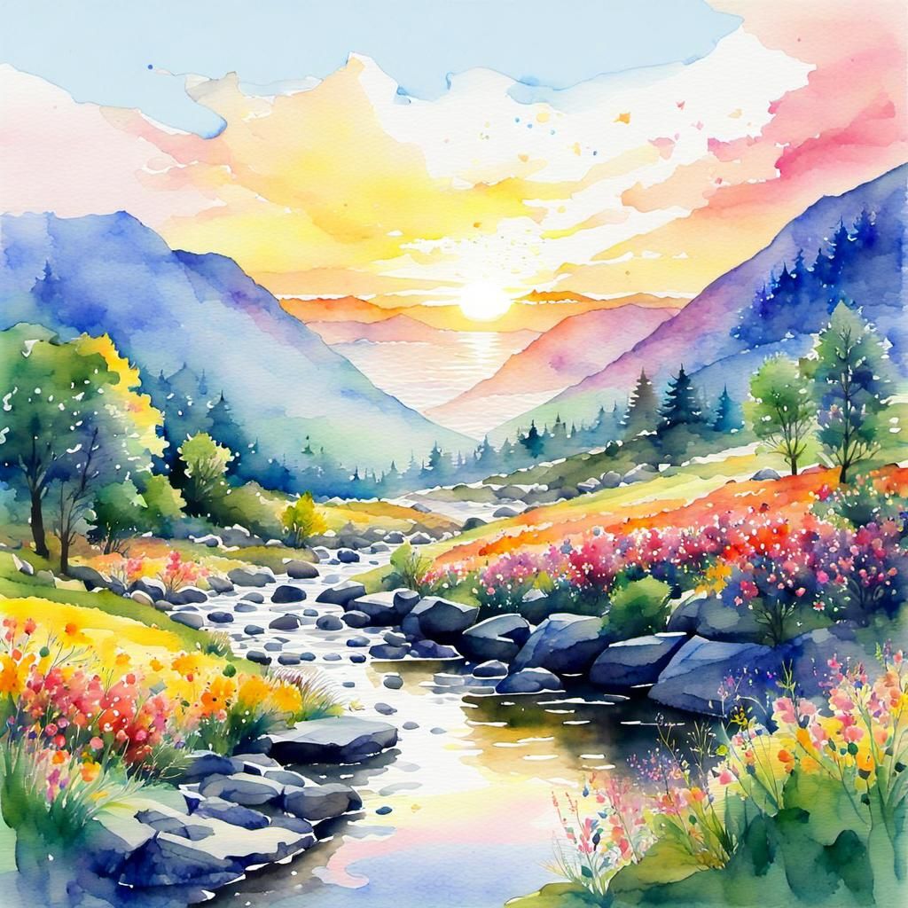 Vibrant Sunrise Landscape in Splash Watercolor Style