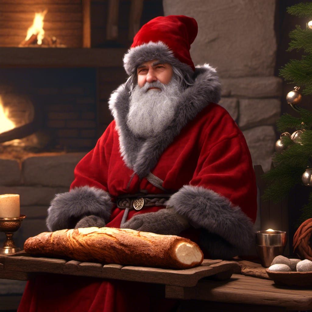 photorealistic anime art, full length fur lined red Celtic robe, fur trimmed red hat, mittens, happy <lora:Headmaster:1....