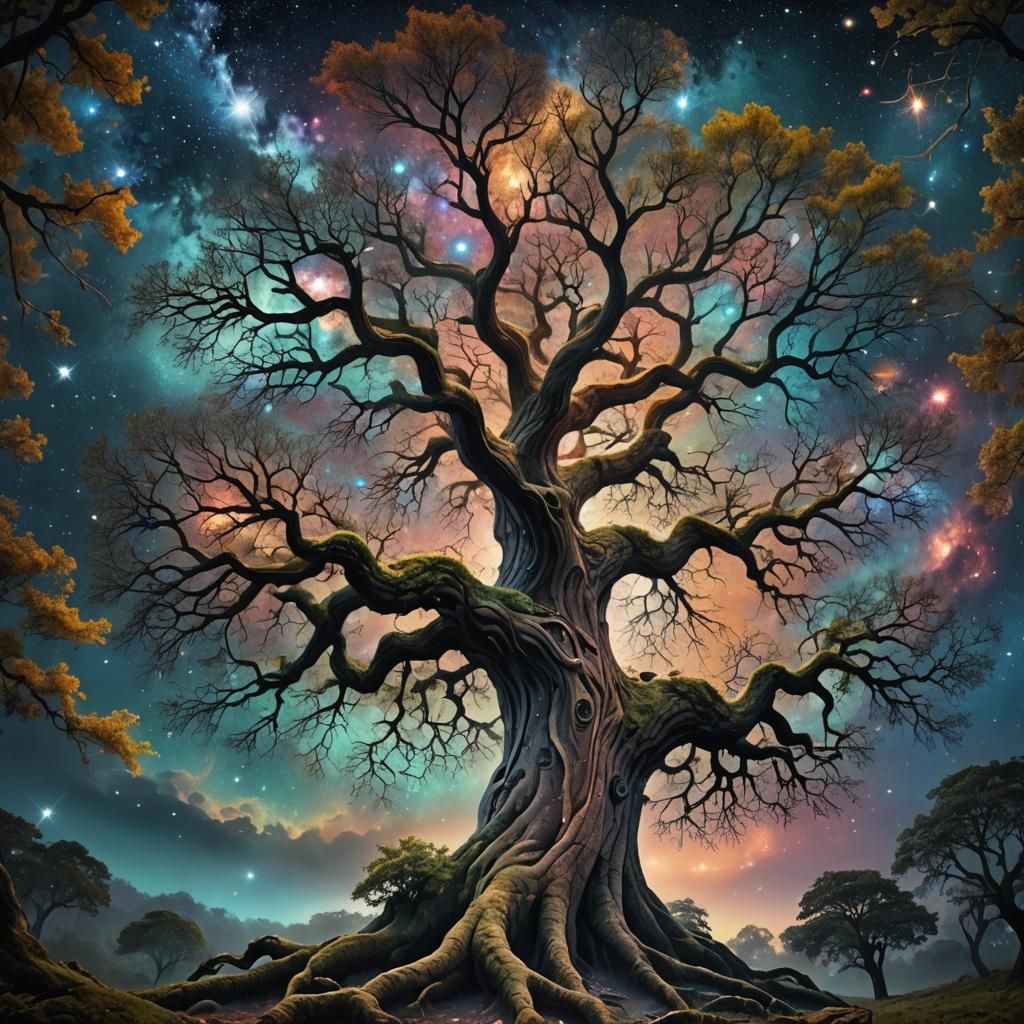Celestial Tree Holding Up Starry Sky: Fantasy Art