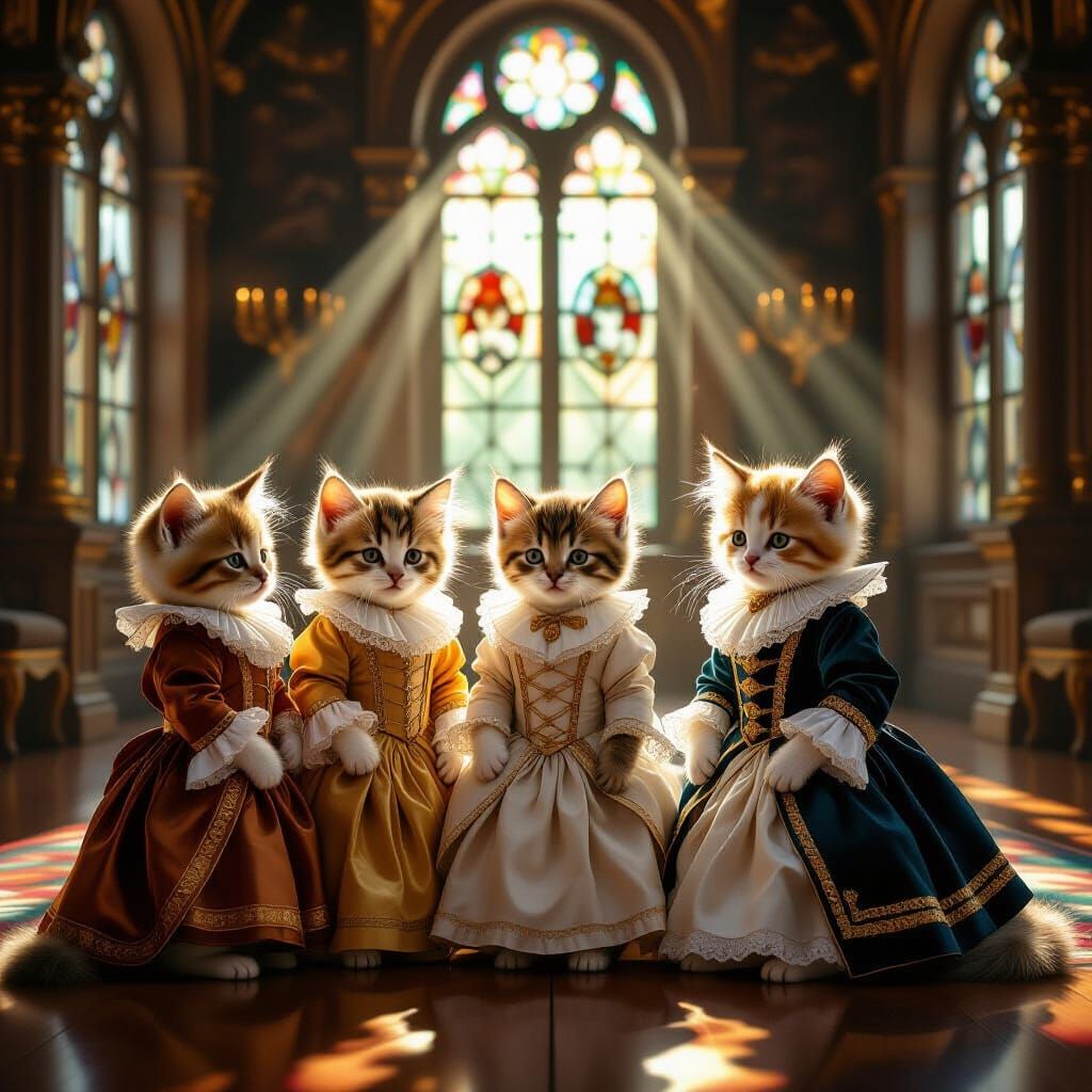 Kittens in Historical Costumes in a Grand Ballroom