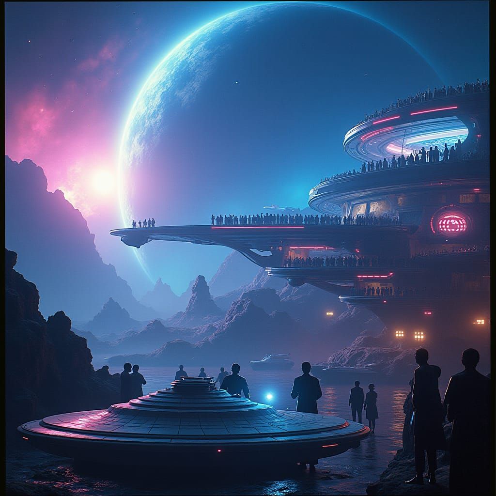 Neon Spaceport with Starfleet Crew, Cinematic Still