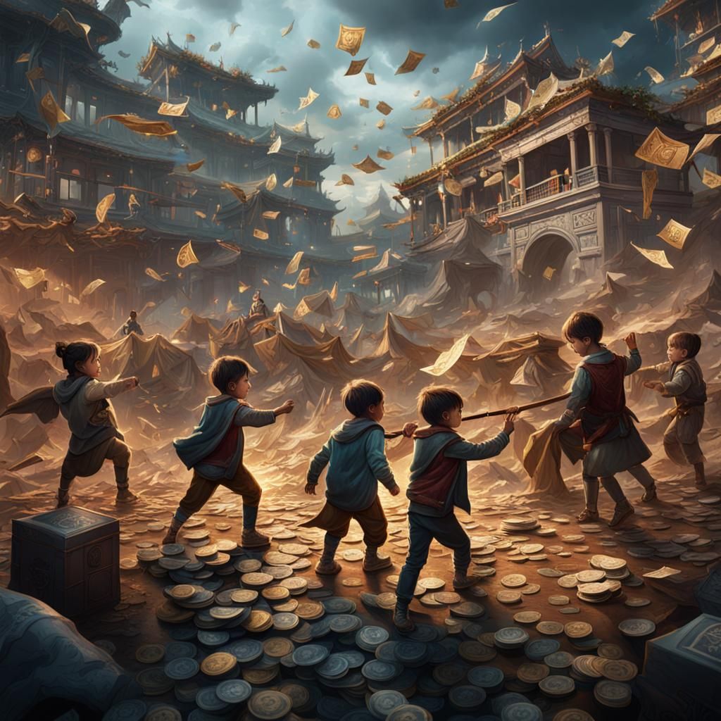 Kids Fighting Over Currency: Detailed Matte Painting