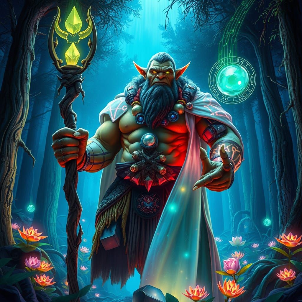Mystical Cyberpunk Orc Shaman in Bioluminescent Forest
