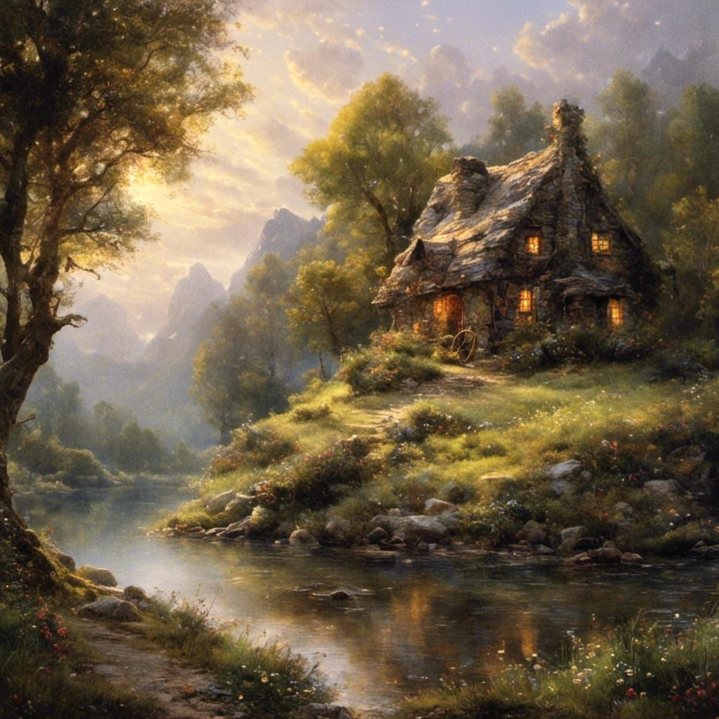Cabin by Lake in Light Fantasy Style
