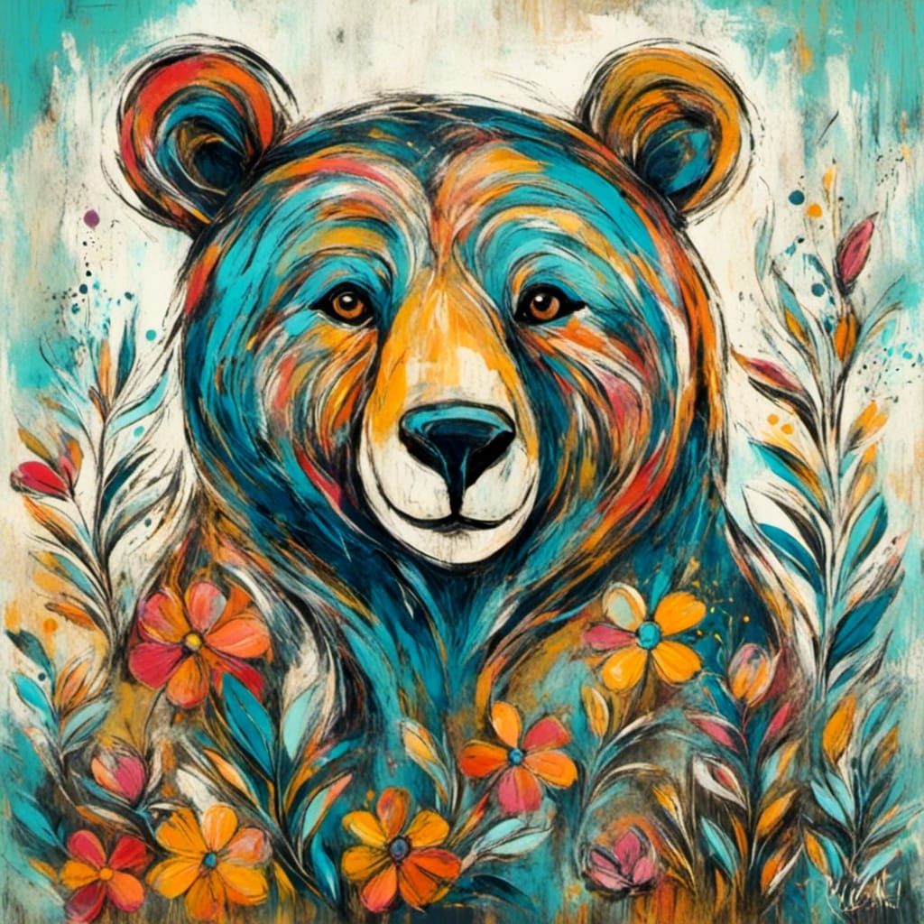 Whimsical Floral Folk-Art Bear in Neo-Expressionist Style